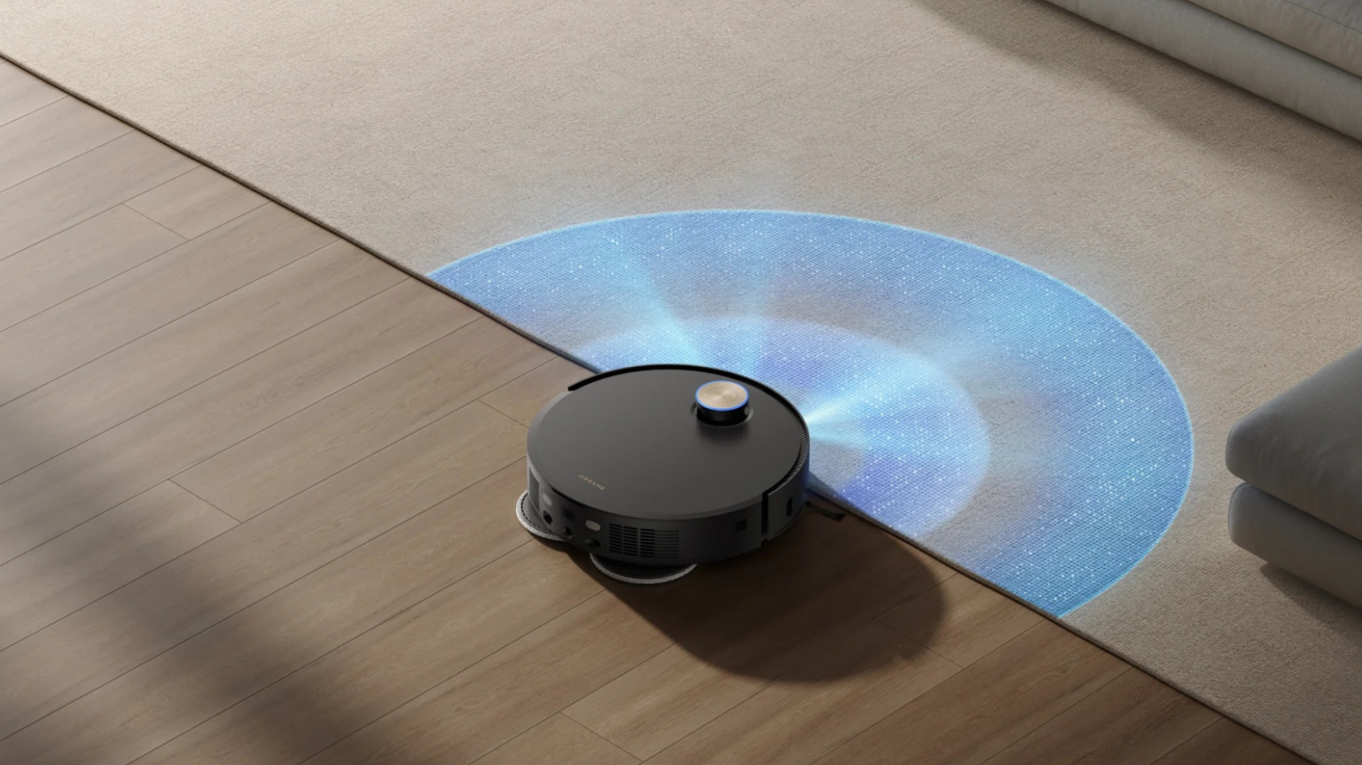 Dreame X50 Ultra robot vacuum cleaning hardwood and rug while scanning floor ahead of it