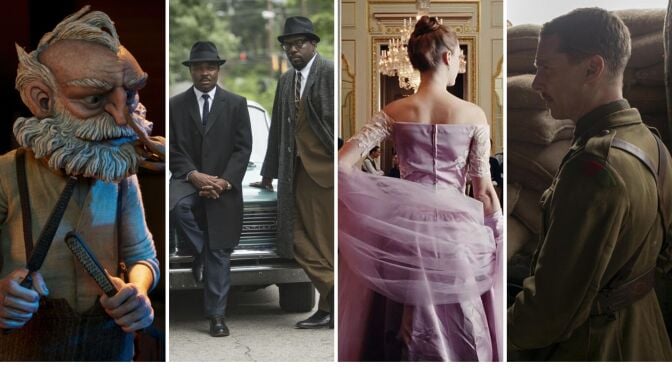 An older male puppet in suspenders, holding tools; two Black men pose on a car; a woman in a lavender dress stands with her back to the camera; side view of a soldier looking off-camera