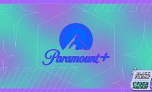 Paramount+ logo in blue with teal and purple background