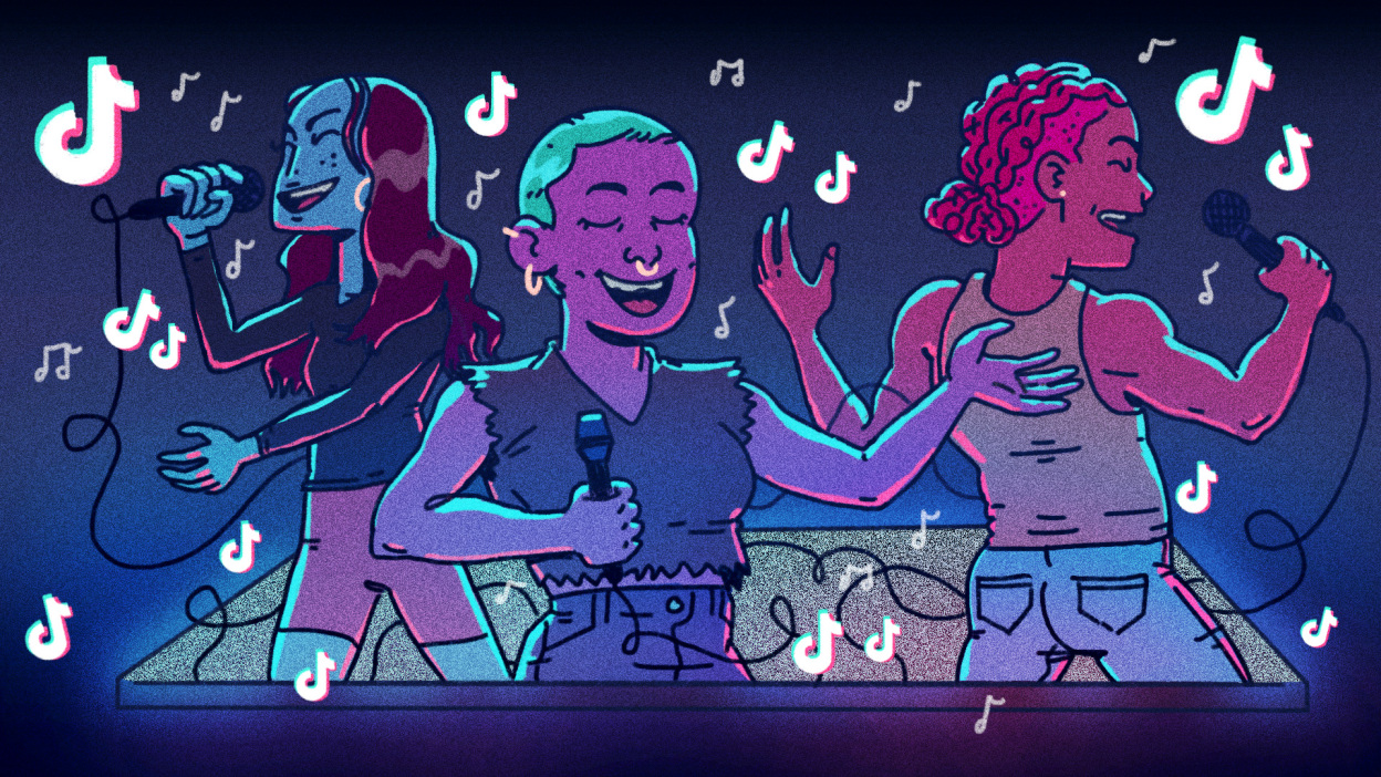 Illustration of several people singing surrounded by TikTok logos. 