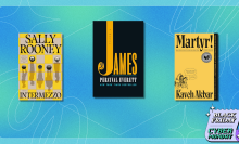 Three book covers in front of a colorful Cyber Monday themed background.