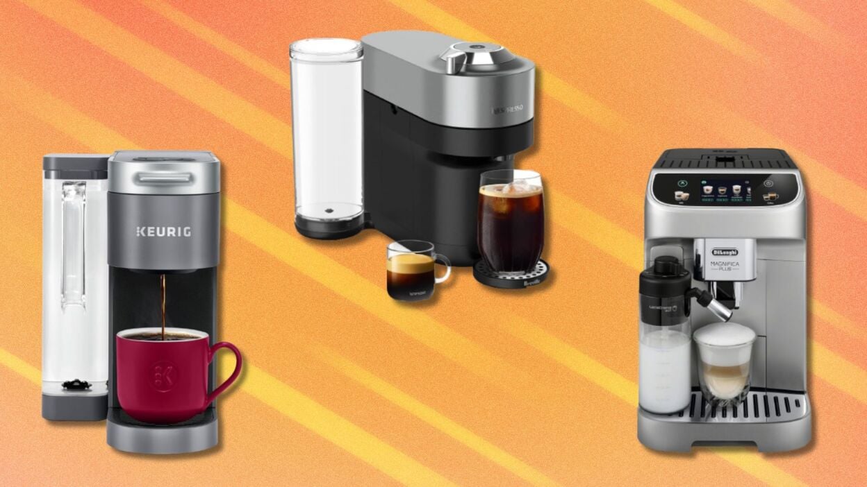 a keurig coffee maker, nespresso machine, and de'longhi espresso machine on an orange background