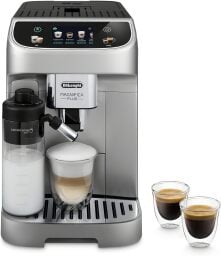 a de'longhi espresso machine with several espresso creations