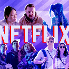 A collage of images from the best Netflix shows of the year, around the Netflix logo.