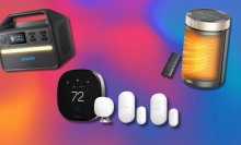 a power station, smart thermostat, and space heater against a colorful background 