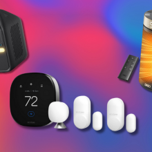 a power station, smart thermostat, and space heater against a colorful background 