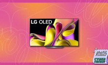 LG TV with ribbons screensaver on pink and orange backdrop