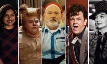 Composite image: John Candy in Spaceballs, John C Reilly in Walk Hard, and Mindy Kaling in Late Night,, Rosalind Russell in His Girl Friday, Bill Murray in The Life Aquatic