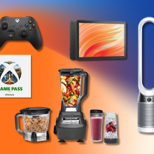 blue and orange background with Xbox Fire TV Stick bundle, Arlo doorbell, Dyson fan, and Ninja blender 