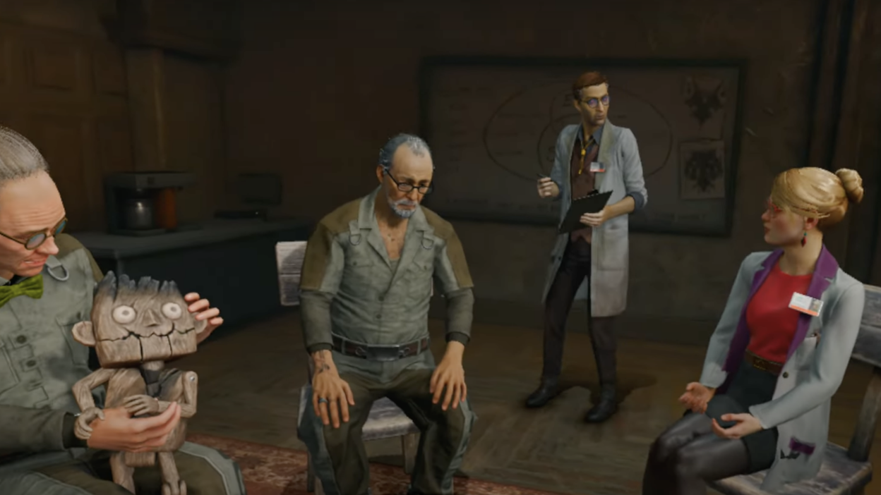 Characters in Batman: Arkham Shadow gather for a group therapy session. 