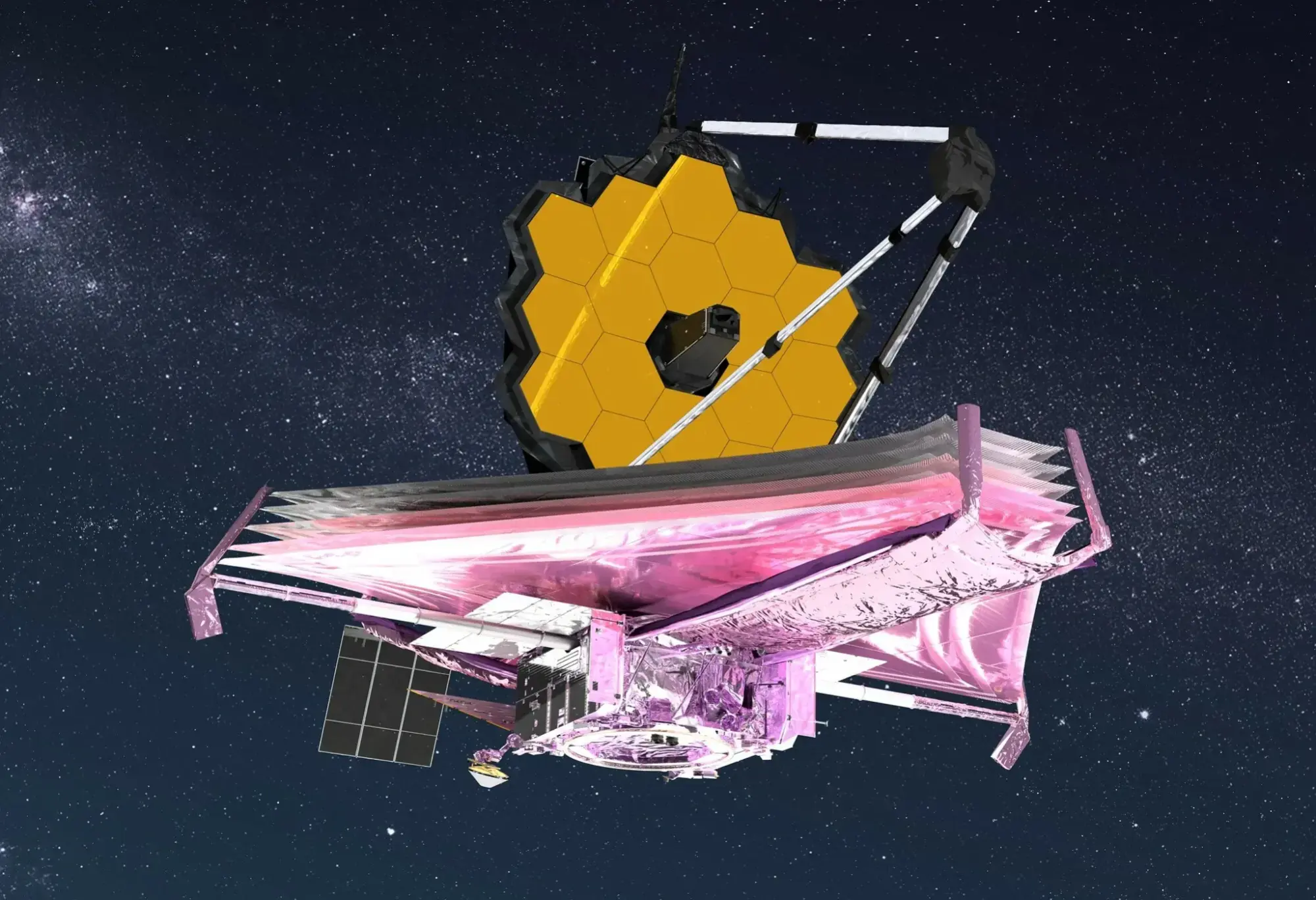 An artist's imagining of the James Webb Space Telescope against a starry backdrop