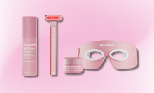 Four Solawave skincare products arranged on a pink background.