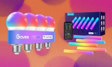 Two Govee products appear on an orange and purple bubble background, the products are four Govee smart light bulbs, and five light strips as well as packaging.