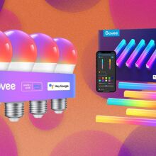 Two Govee products appear on an orange and purple bubble background, the products are four Govee smart light bulbs, and five light strips as well as packaging.