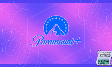 Paramount Plus logo in blue with pink and blue background 