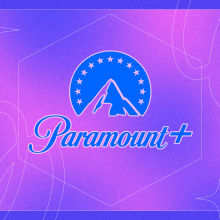 Paramount Plus logo in blue with pink and blue background 