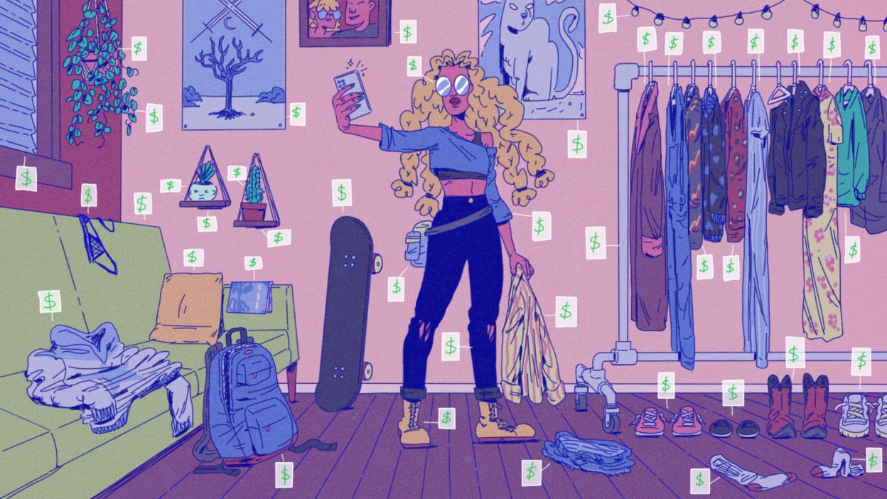 A woman standing in her room with price tags attached to every item. 