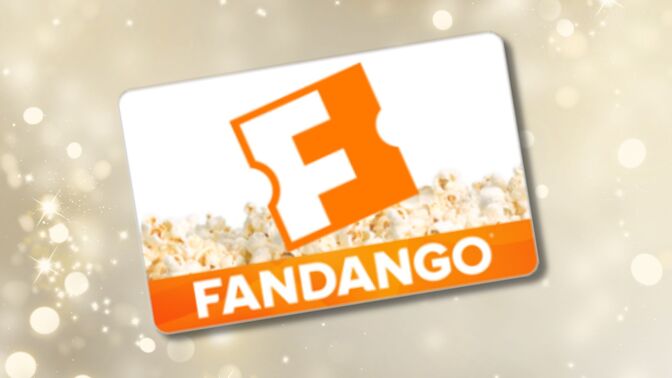 a fandango gift card on a white holiday themed background