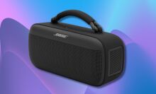 black bose soundlink max portable speaker on a purple and blue wavy background