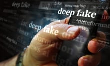 Deep fake hoax false and ai manipulation social media on display. Searching on tablet, pad, phone or smartphone screen in hand.