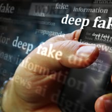 Deep fake hoax false and ai manipulation social media on display. Searching on tablet, pad, phone or smartphone screen in hand.