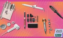 pink and orange gradient background with various beauty tools including t3 curling wand, zuvi halo hair dryer, and dyson airwrap