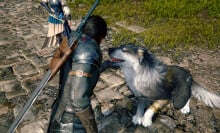 Clive petting pet wolf Torgal in Final Fantasy XVI. 