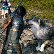 Clive petting pet wolf Torgal in Final Fantasy XVI. 