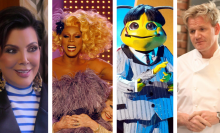 A collage of a woman, a drag queen, a person in a bee costume, and a chef. 