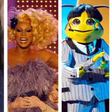 A collage of a woman, a drag queen, a person in a bee costume, and a chef. 