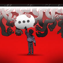 Illustration of a teen reaching up to a speech bubble surrounded by menacing hands.