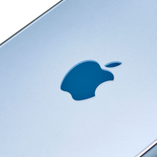 A close up of the logo on an Apple iPhone 12 Pro with a Pacific Blue finish.