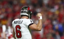 Baker Mayfield of the Tampa Bay Buccaneers celebrates