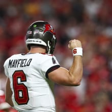 Baker Mayfield of the Tampa Bay Buccaneers celebrates