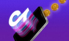 An illustration of a smartphone with the TikTok logo on it. Coins are coming out of the phone.