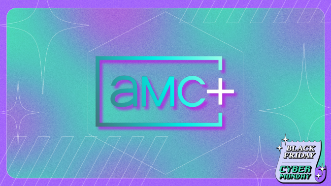 AMC Plus logo with teal and purple background