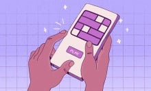 Illustration of hands holding a mobile device with a puzzle game screen and a 'Play' button, set against a purple grid background with sparkles