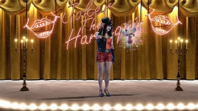 Vera Drew in "The People's Joker" on stage with top hat and fishnets