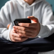 A young person holds a phone in their hands.