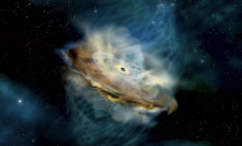 An artist's conception of a black hole's corona, which are the pale swirls above and below the black hole.