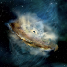 An artist's conception of a black hole's corona, which are the pale swirls above and below the black hole.