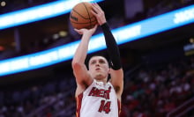 Tyler Herro #14 of the Miami Heat shoots against the Houston Rockets during the first half at Toyota Center on December 29, 2024 in Houston, Texas. 