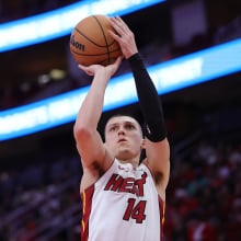 Tyler Herro #14 of the Miami Heat shoots against the Houston Rockets during the first half at Toyota Center on December 29, 2024 in Houston, Texas. 