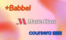 pink and orange gradient background with Babbel, MasterClass, Coursera logos