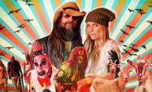 A composite image featuring Rob Zombie, Sheri Moon Zombie, Sid Haig, Bill Moseley, and goats 