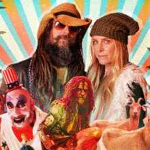 A composite image featuring Rob Zombie, Sheri Moon Zombie, Sid Haig, Bill Moseley, and goats 