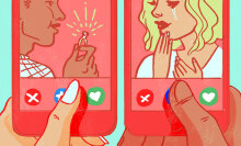 illustration of man offering wedding ring to woman while in separate dating app profiles