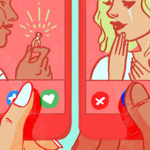 illustration of man offering wedding ring to woman while in separate dating app profiles