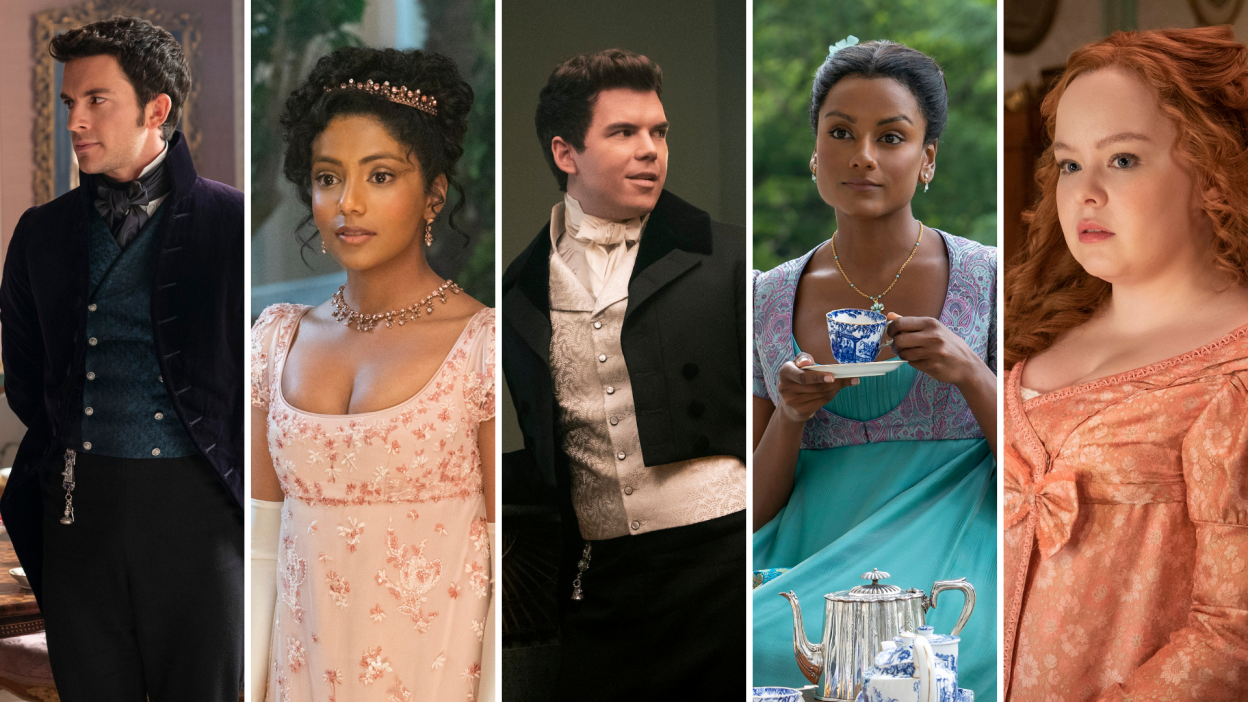 Five people in period clothing. A man in a suit, a young Indian woman in a pink dress, a younger man in another suit, a young woman with red hair and a nightdress, and a young Indian woman in a blue dress drinking tea.