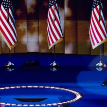 Kamala Harris strides on to the DNC stage.